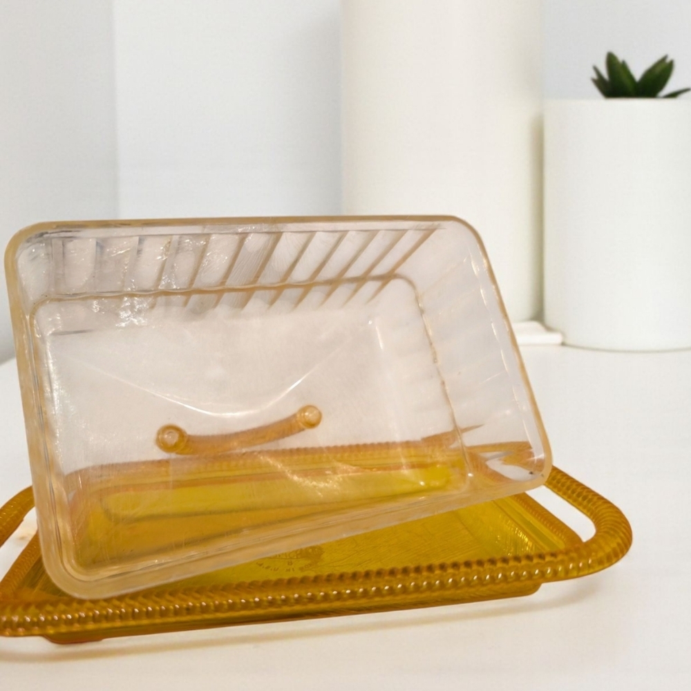 60s Vintage Butter Dish Plastic Plasmetl gold yellow orange Cheese Tray USA MCM